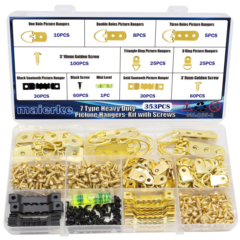 maierke 353PCS Golden Picture Hanging Kit,Picture Hangers Heavy Duty Picture Hanging Hooks with Screws,Picture Frame Hooks Heavy Duty Picture Framing Supplies Kit for Picture Hanging(7 Types) - Image 5